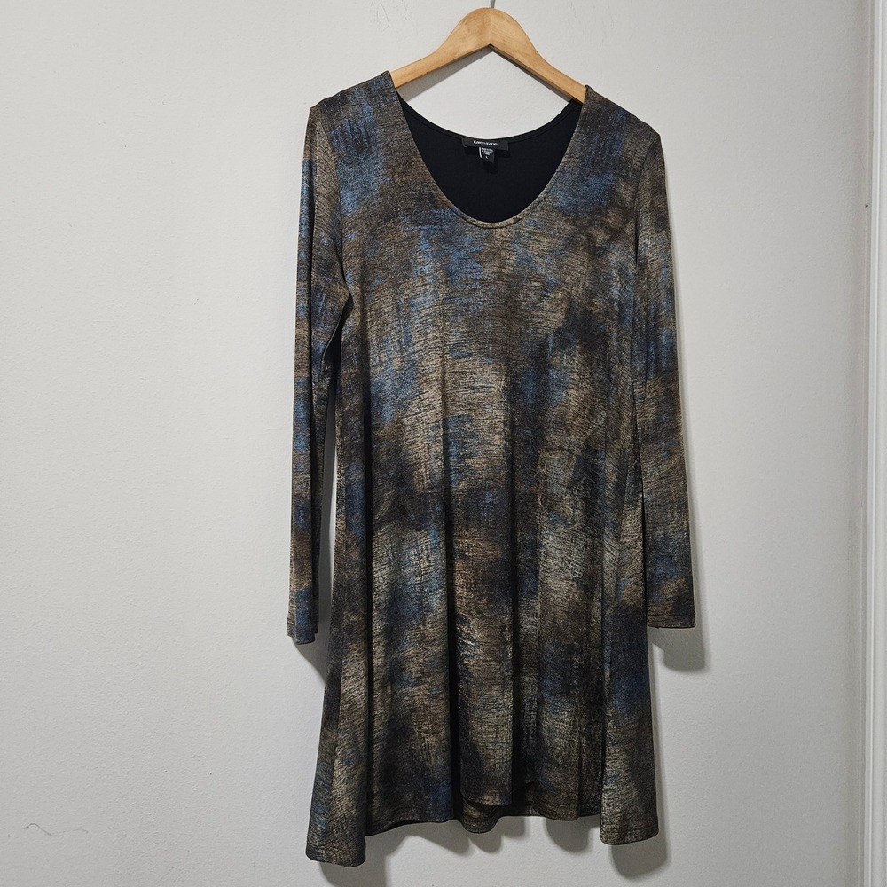 Karen Kane Womens Metallic Abstract Print Long Sleeve A-Line Dress Blue Bronze L